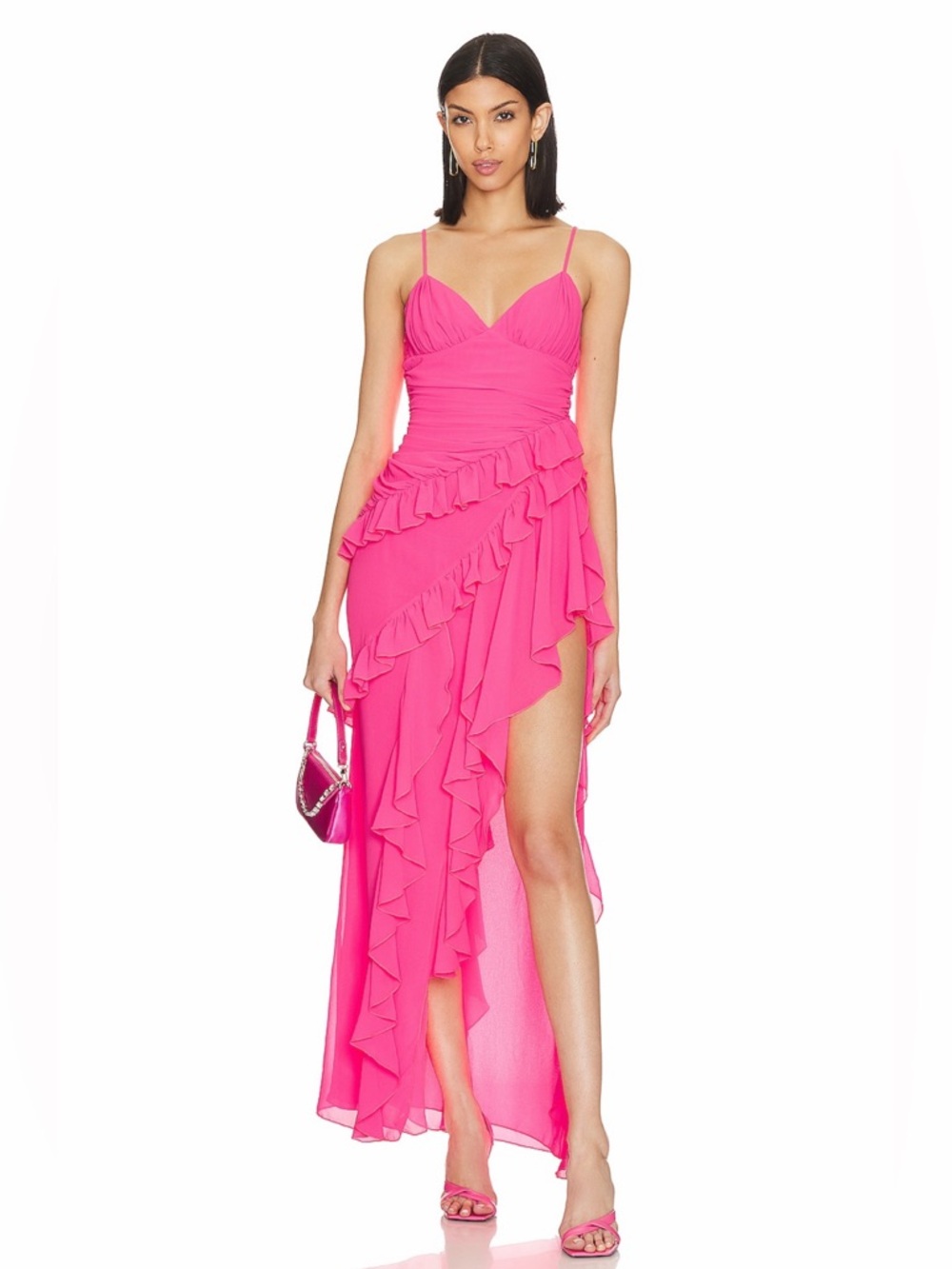 NBD Revolve Hot Pink Ruffled Georgette Hi-Low Mela Party Gown Size Medium NWT